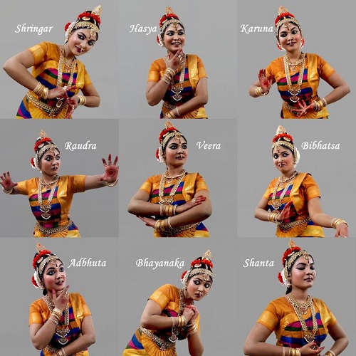 Nine expressions of Bharatanatyam showing different emotions and moods