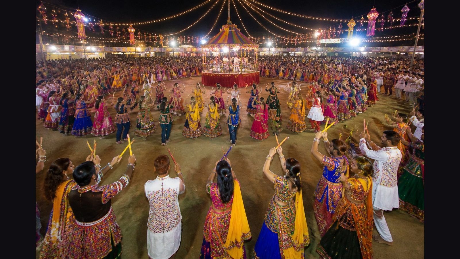 Large community Dandiya Raas circles during a Navratri night celebration in Gujarat