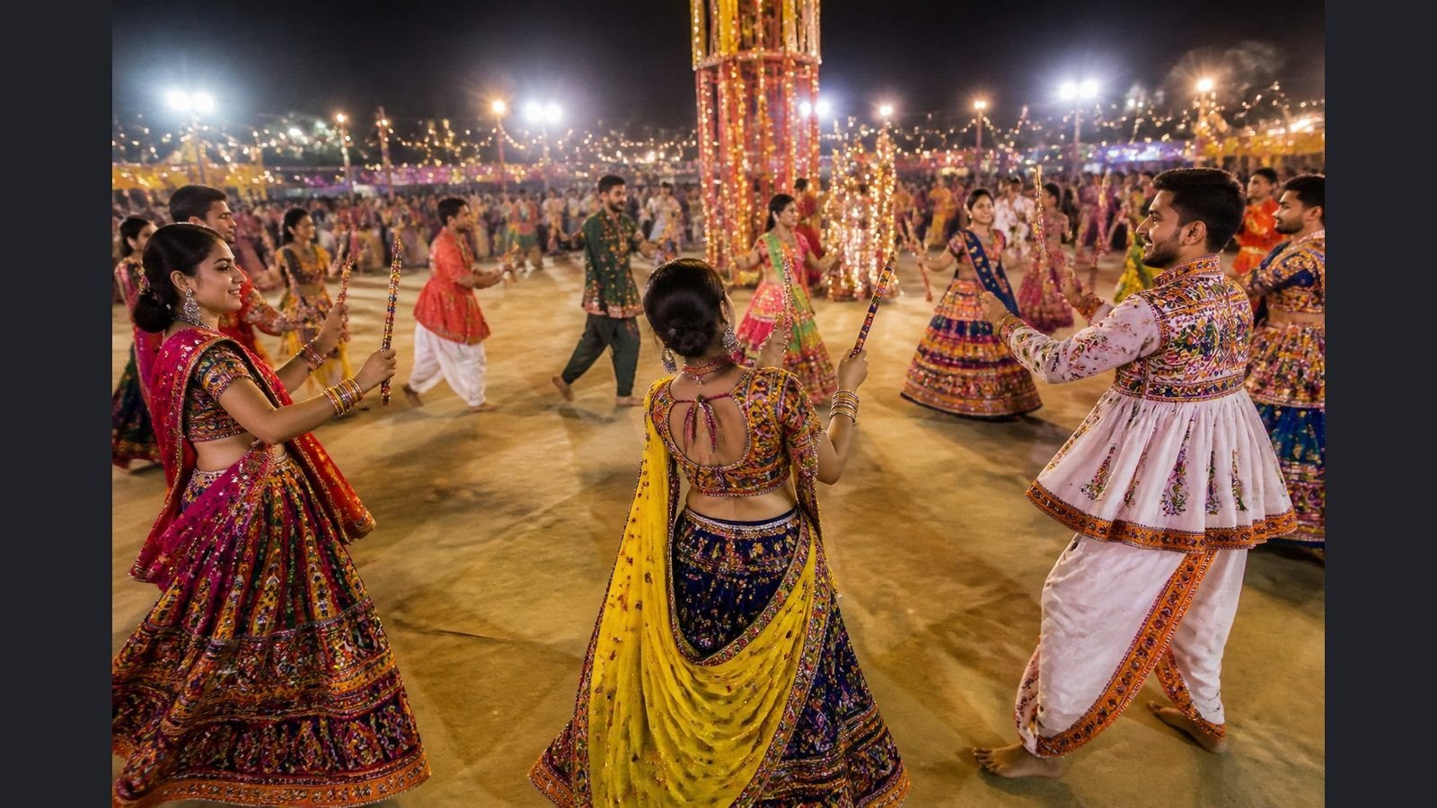 Dandiya Raas dancers in traditional Gujarati costumes striking decorated wooden sticks on a festively lit stage
