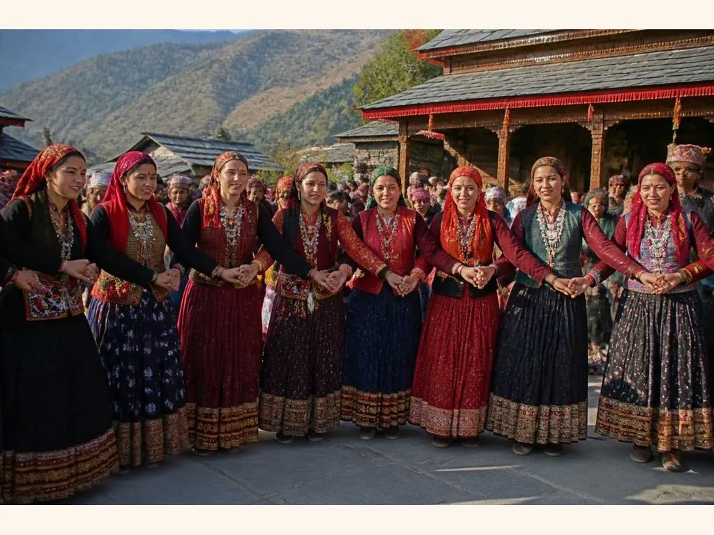 Folk dancers in traditional Himachali dress performing in a linked formation at a cultural event — representative image