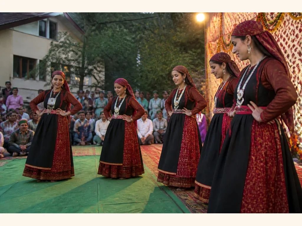 Group of Himachali folk dancers on stage in local dress — representative image