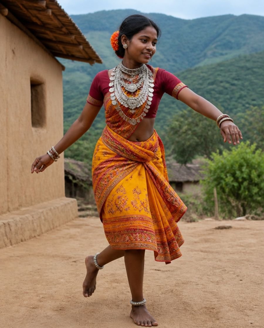 Illustrative image: a Dhimsa dancer in a bright sari tied so the hem sits below the knee, with layered silver tribal necklaces, heavy bangles, a nose ring, anklets and flowers in her hair, stepping barefoot beside a mud-plastered village house