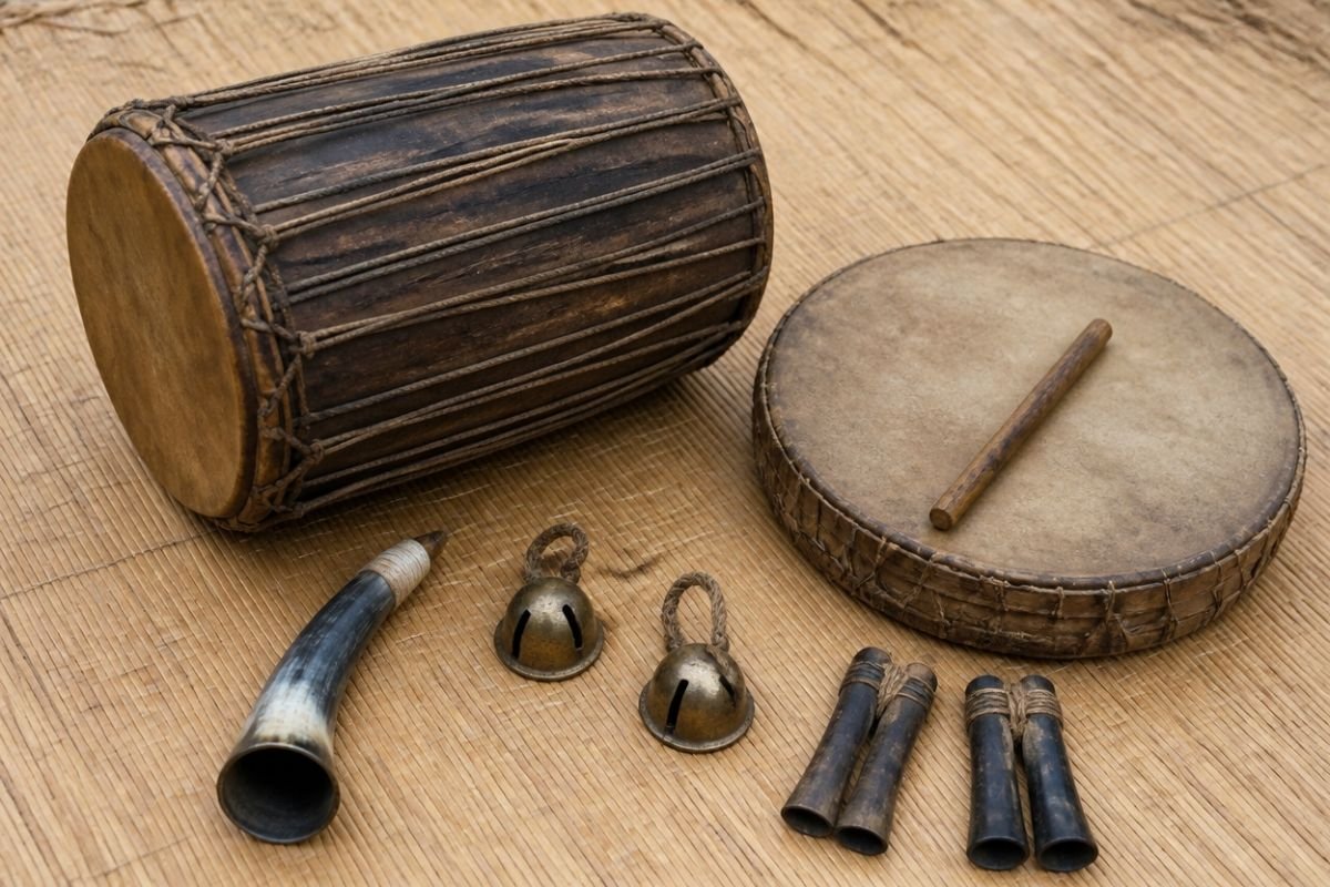Illustrative image: Dhimsa ensemble instruments laid out on a woven grass mat — a large barrel drum, a flat frame drum with its stick, a curved natural horn, small brass bells and paired horn clappers
