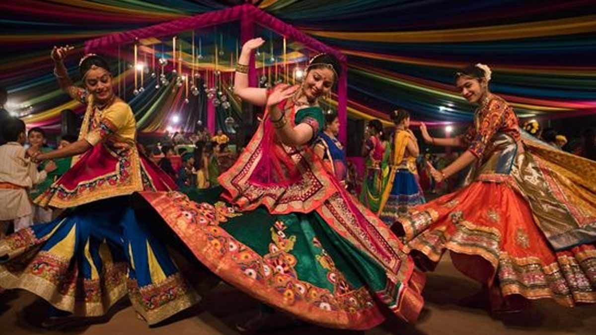 Group of performers dancing at a Navratri celebration