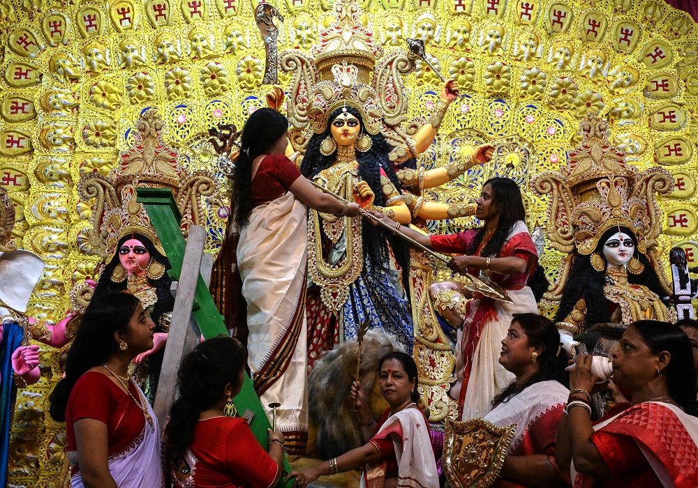 Vibrant Navratri festival celebration with traditional decorations and worship